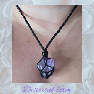 Amethyst Crystal Necklace – Adjustable Macramé Pouch – Healing & Intuition Jewel